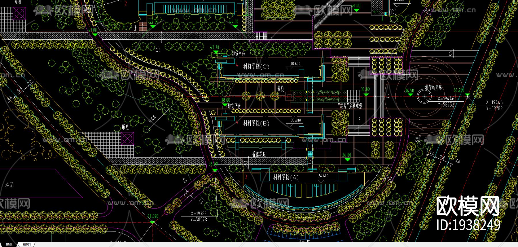 某大学新校区平面图CAD施工图下载（渲染图1）