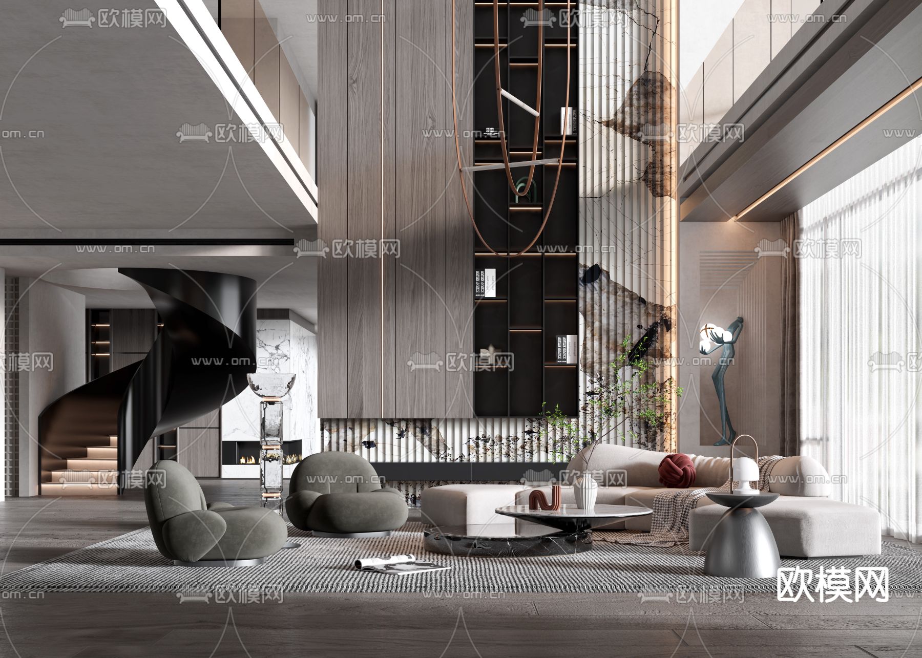 现代别墅大堂3d模型下载（渲染图1）