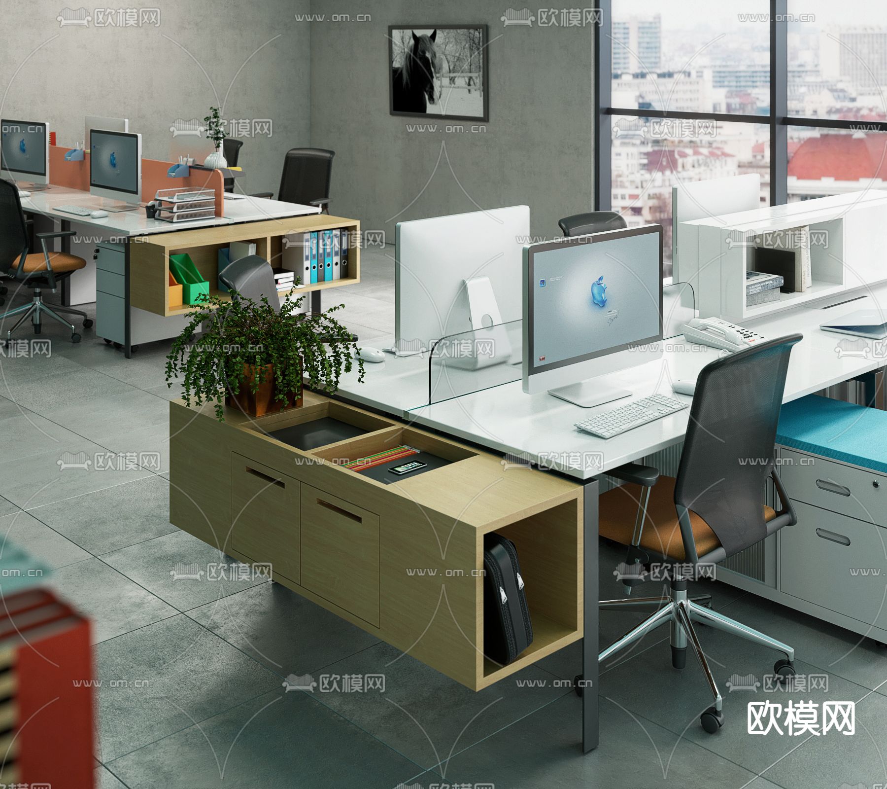 现代办公桌椅屏风卡位3d模型下载（渲染图3）