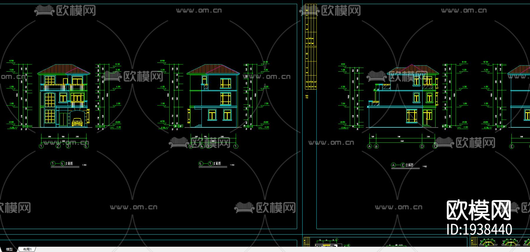 别墅外观cad施工图下载（渲染图3）