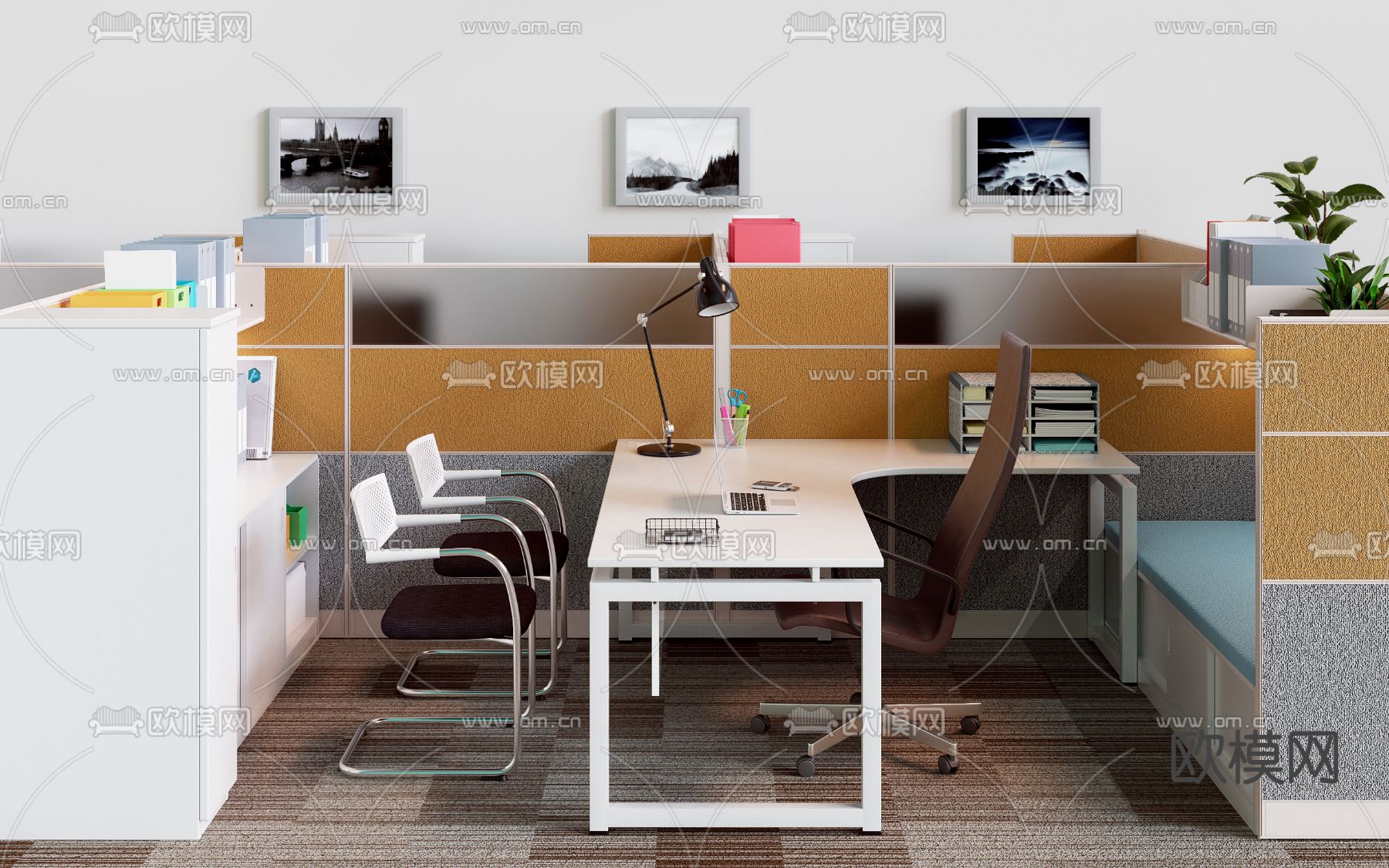 现代办公桌椅屏风卡位3d模型下载（渲染图3）