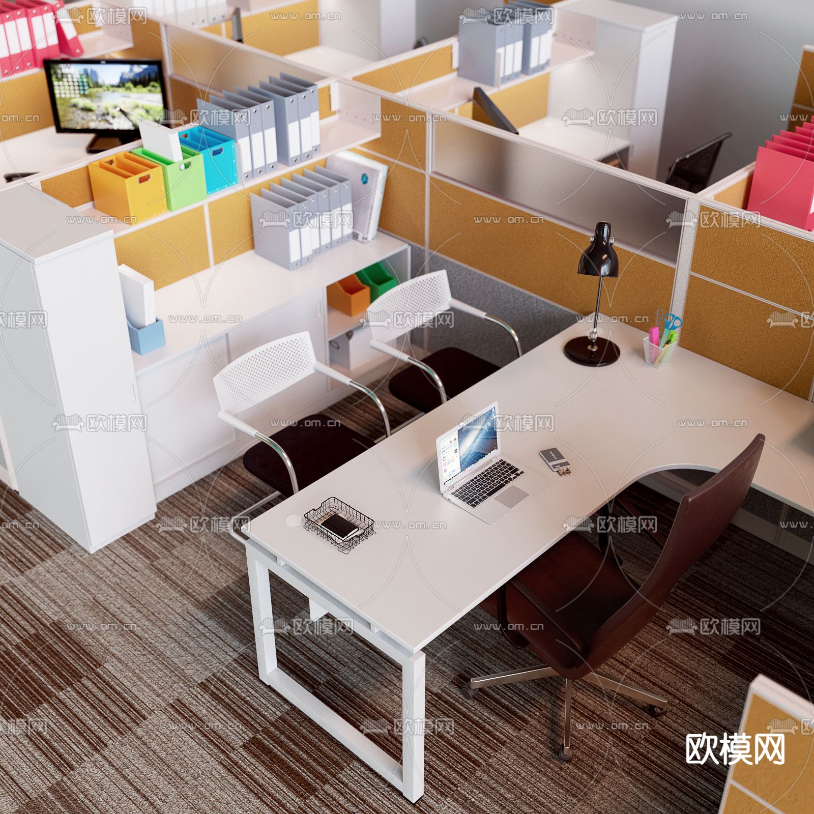 现代办公桌椅屏风卡位3d模型下载（渲染图5）