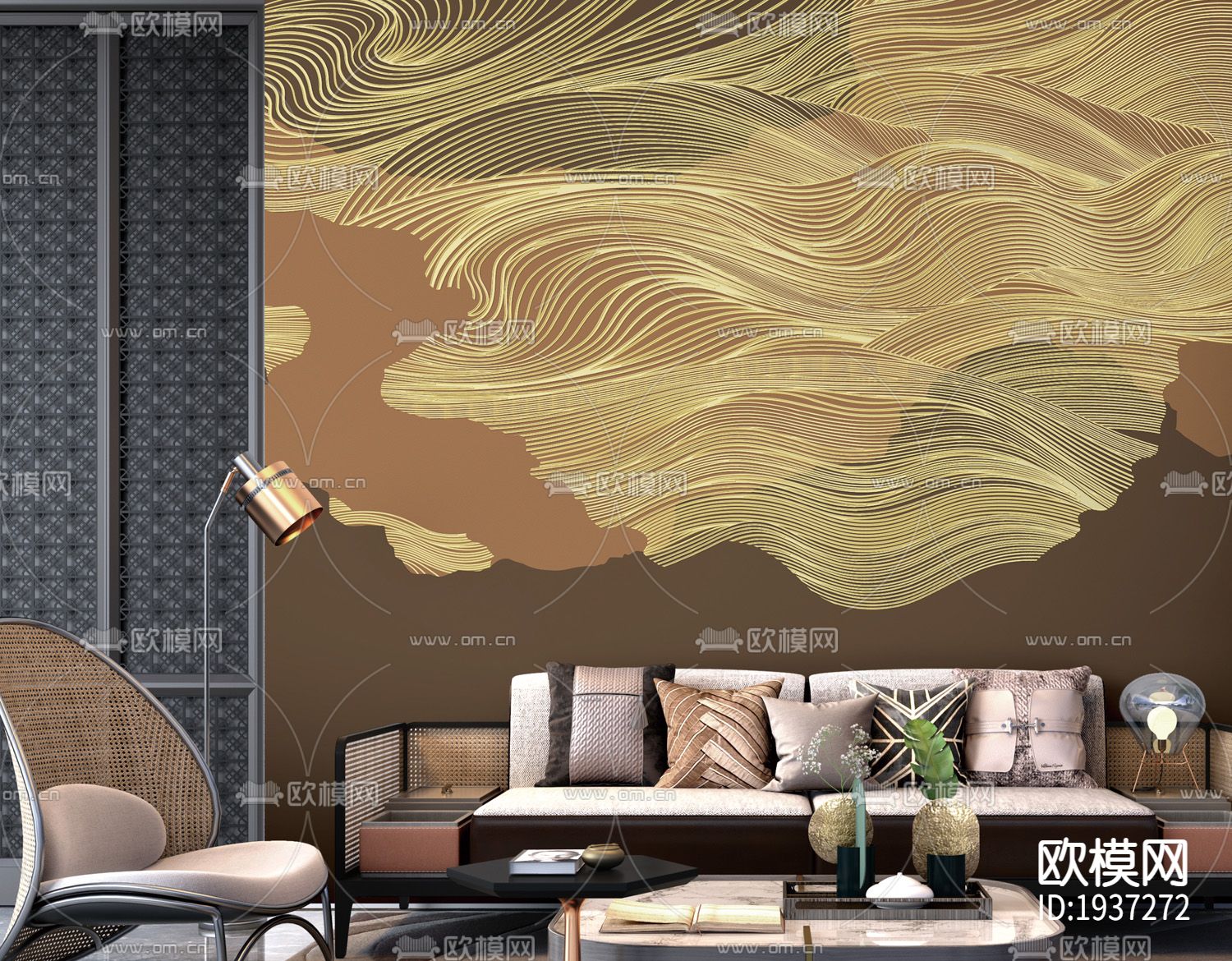 新中式精雕立体墙纸下载（渲染图4）