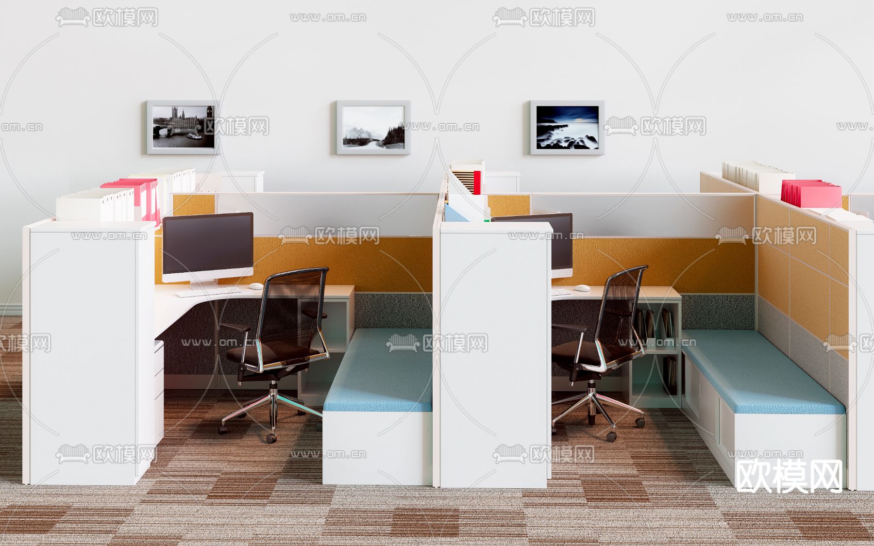 现代办公桌椅屏风卡位3d模型下载（渲染图2）