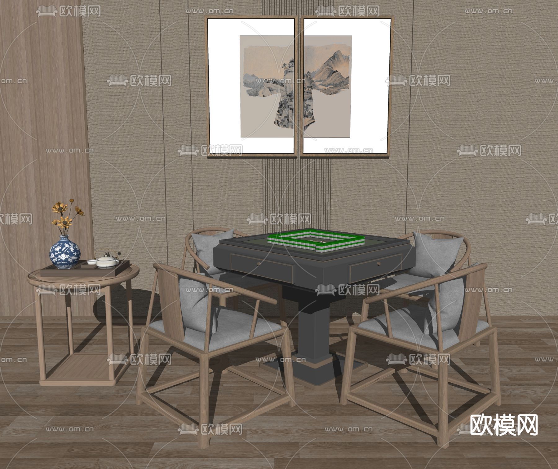 新中式麻将桌su模型下载（渲染图2）