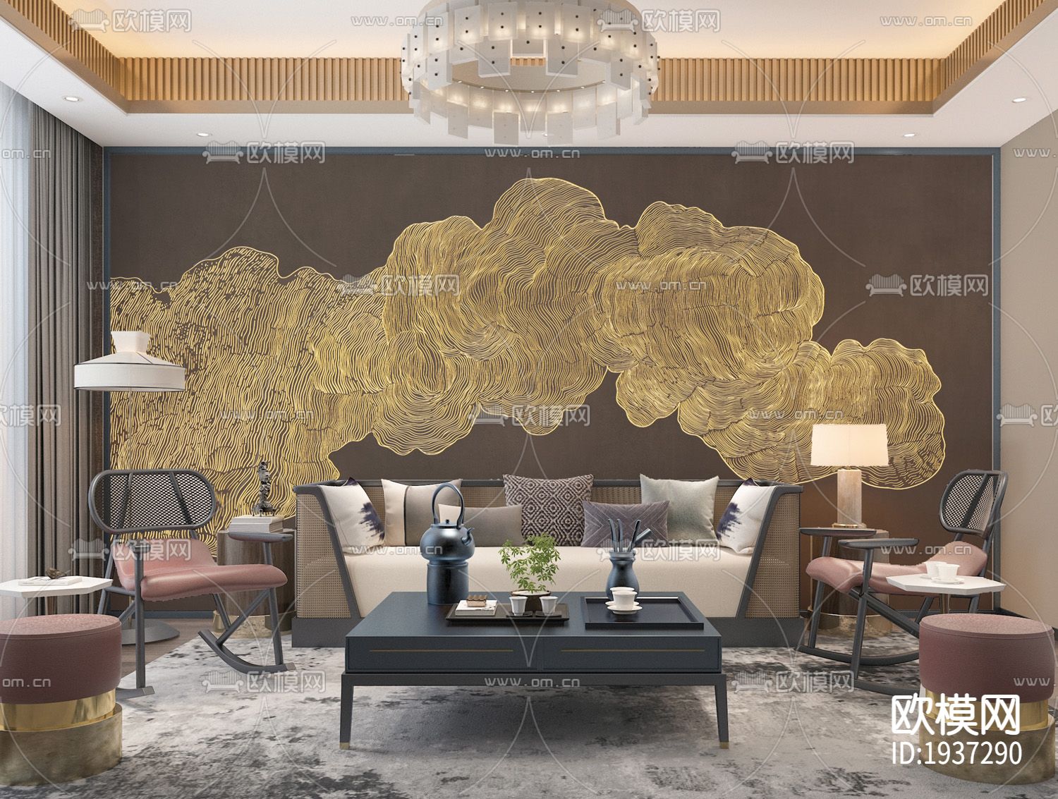 新中式精雕立体墙纸下载（渲染图6）