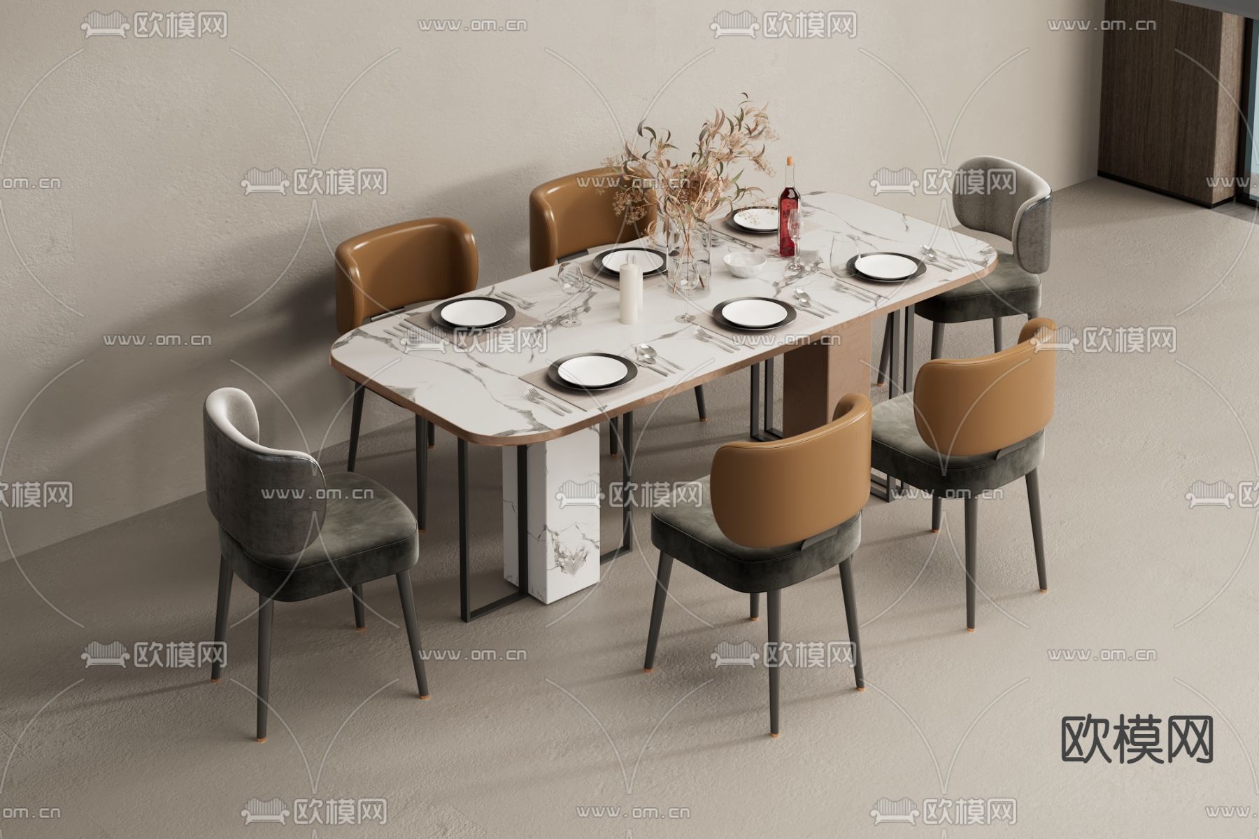 现代大理石餐桌椅3d模型下载（渲染图1）