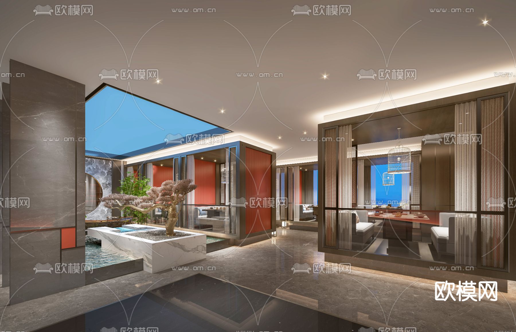 新中式茶楼大厅免费3d模型下载（渲染图2）