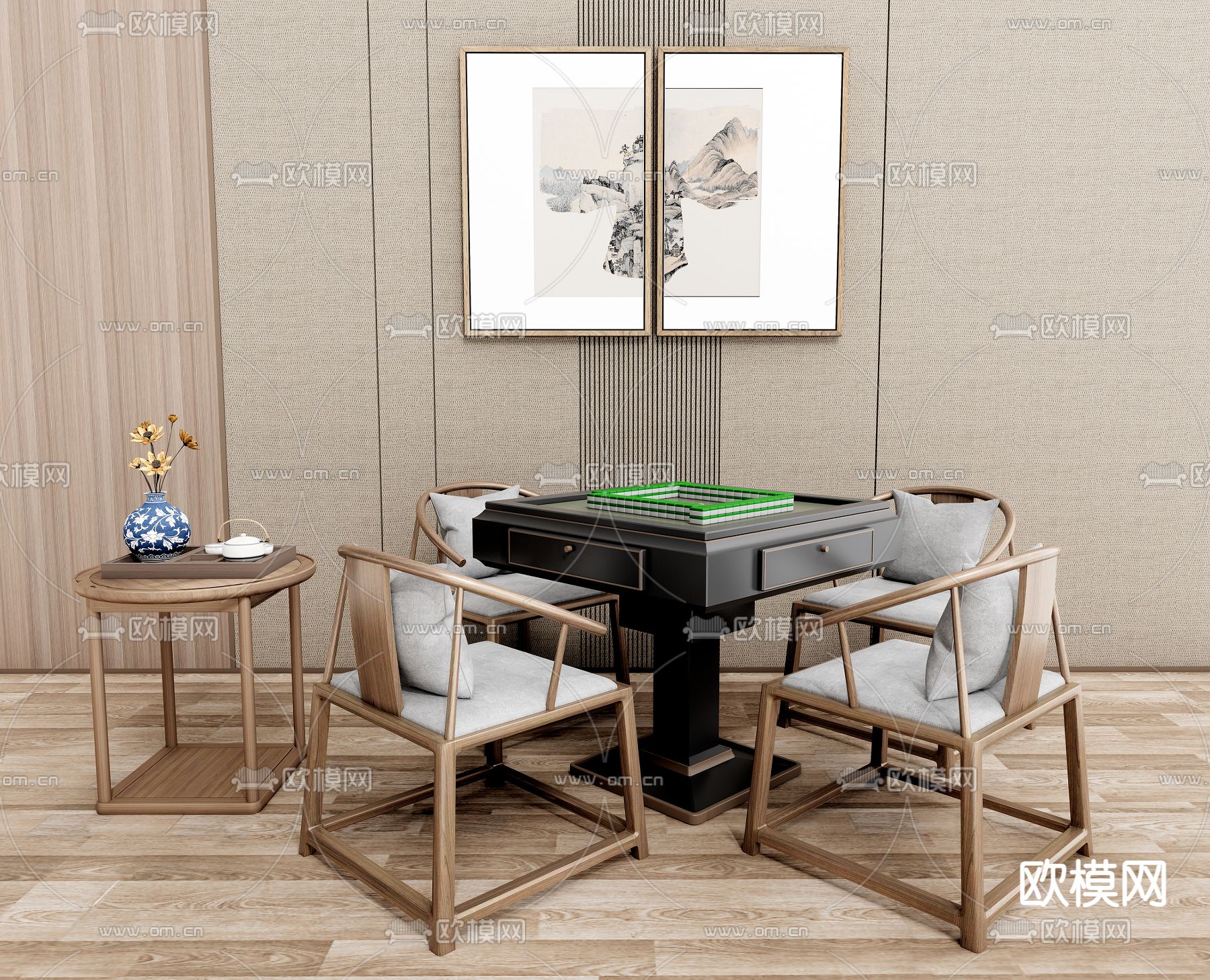 新中式麻将桌su模型下载（渲染图1）