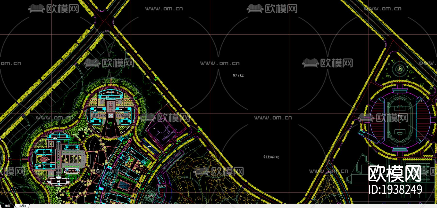 某大学新校区平面图CAD施工图下载（渲染图3）