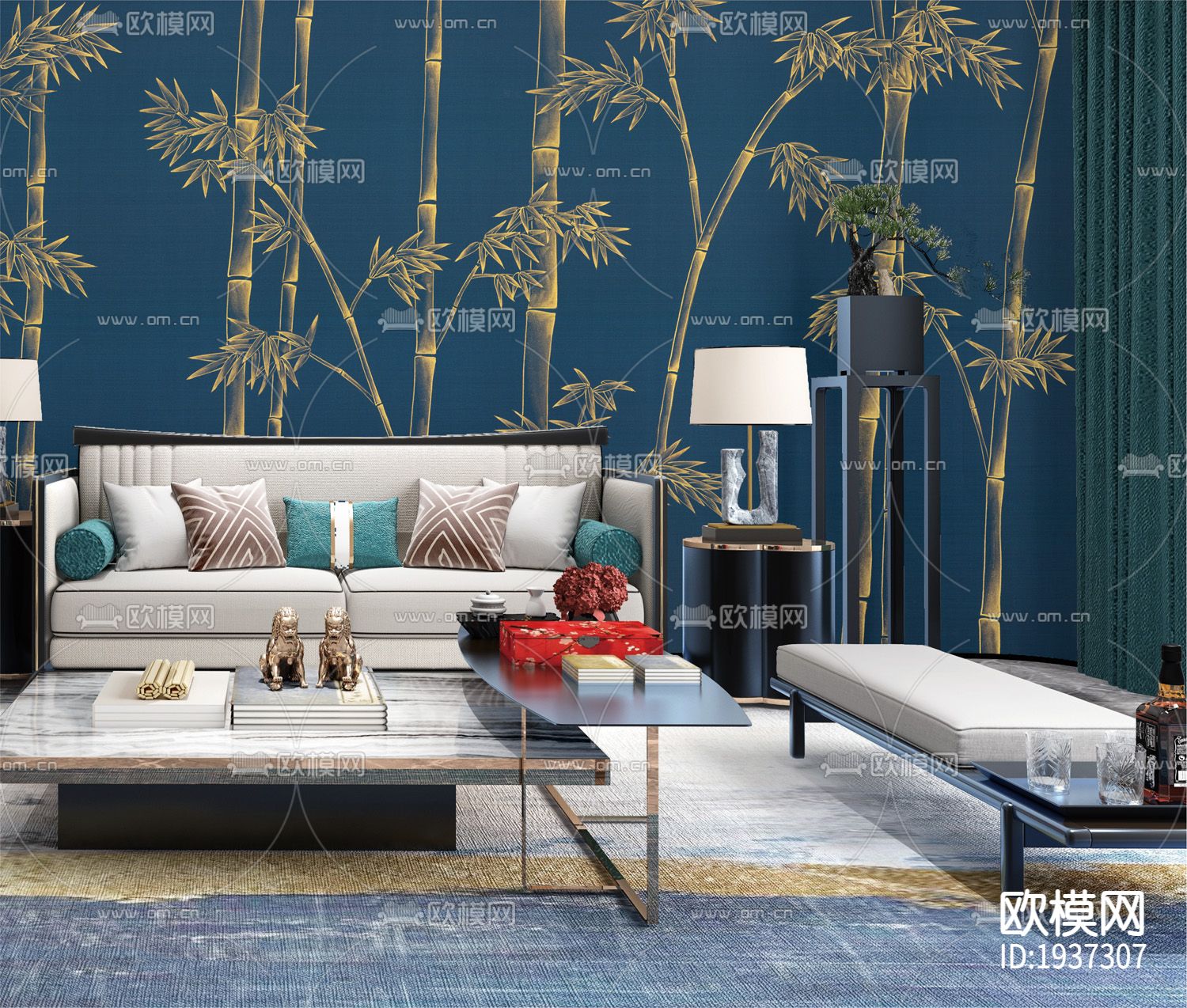 新中式精雕立体墙纸下载（渲染图5）