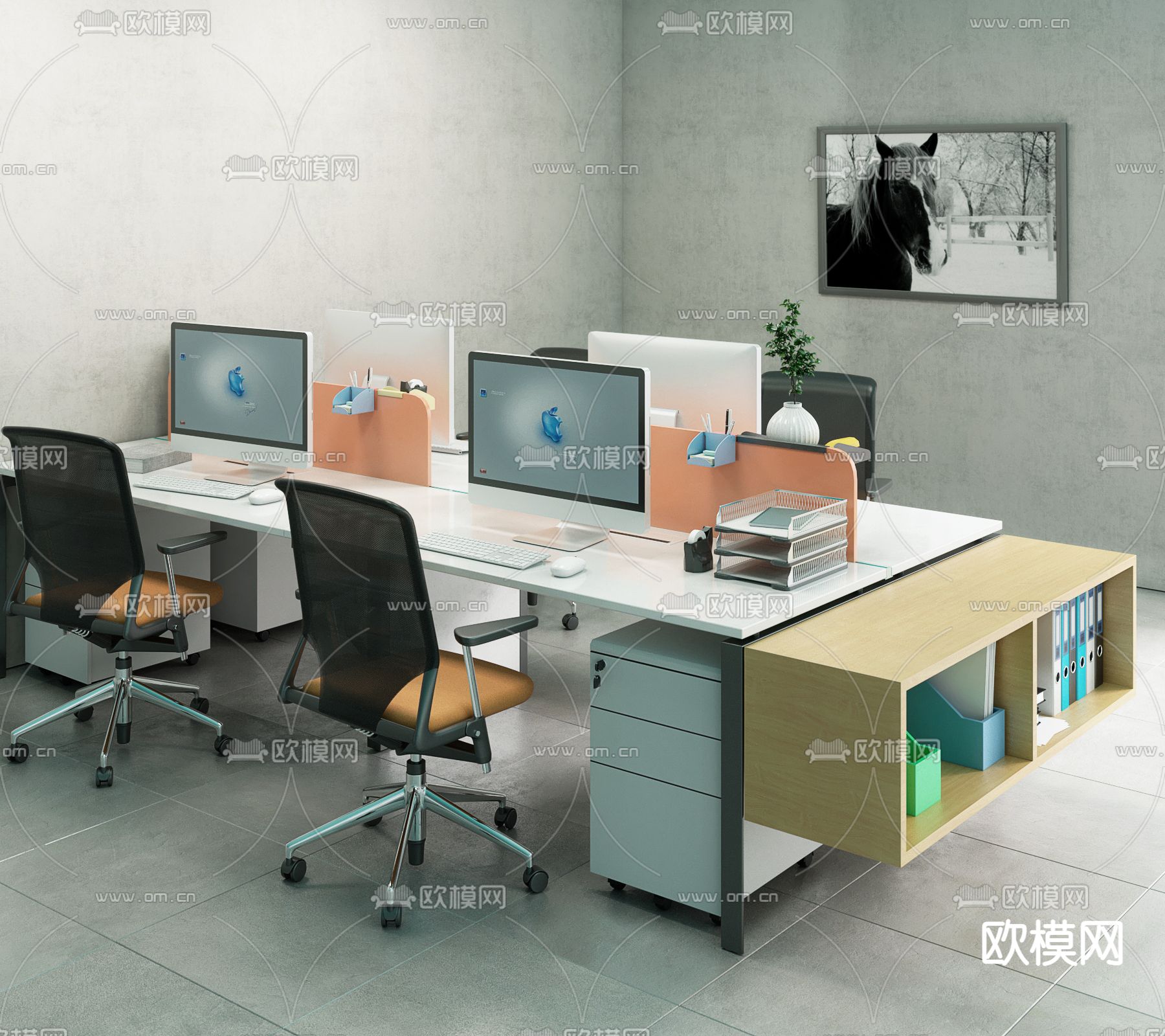 现代办公桌椅屏风卡位3d模型下载（渲染图1）