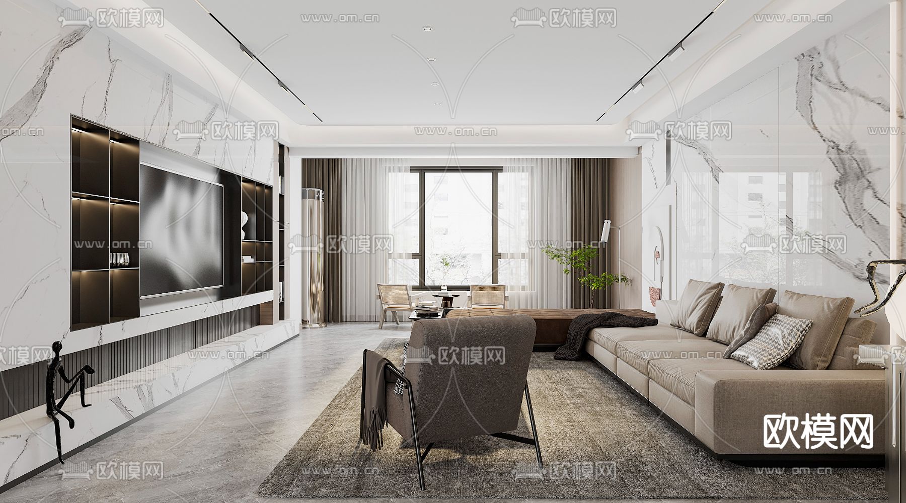 现代客厅免费3d模型下载（渲染图1）