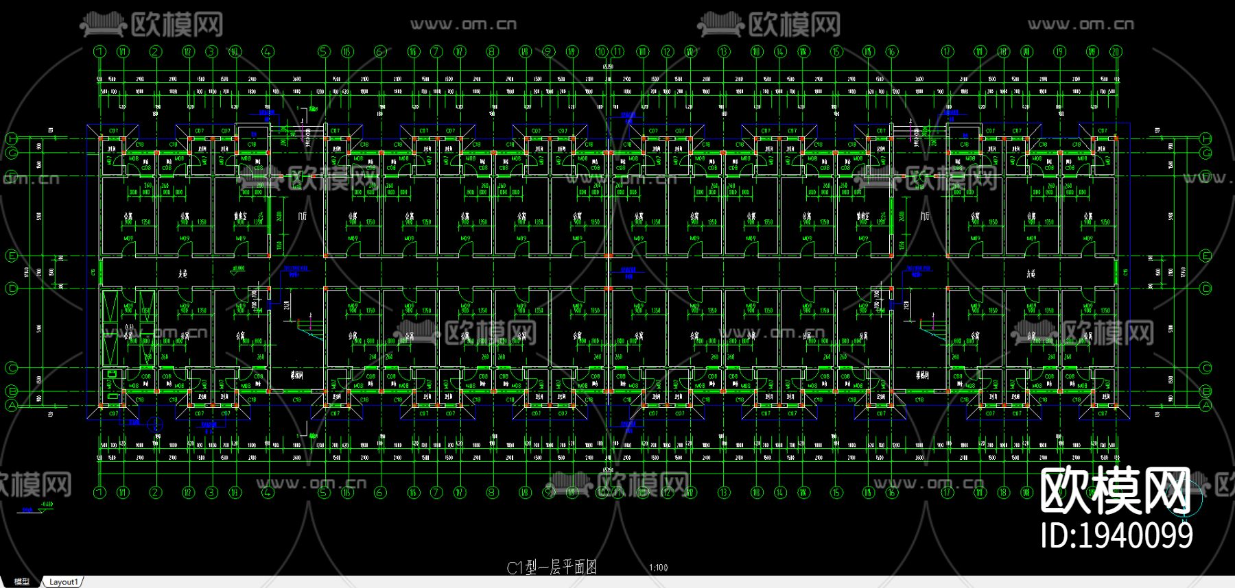 现代学生公寓cad施工图下载（渲染图2）
