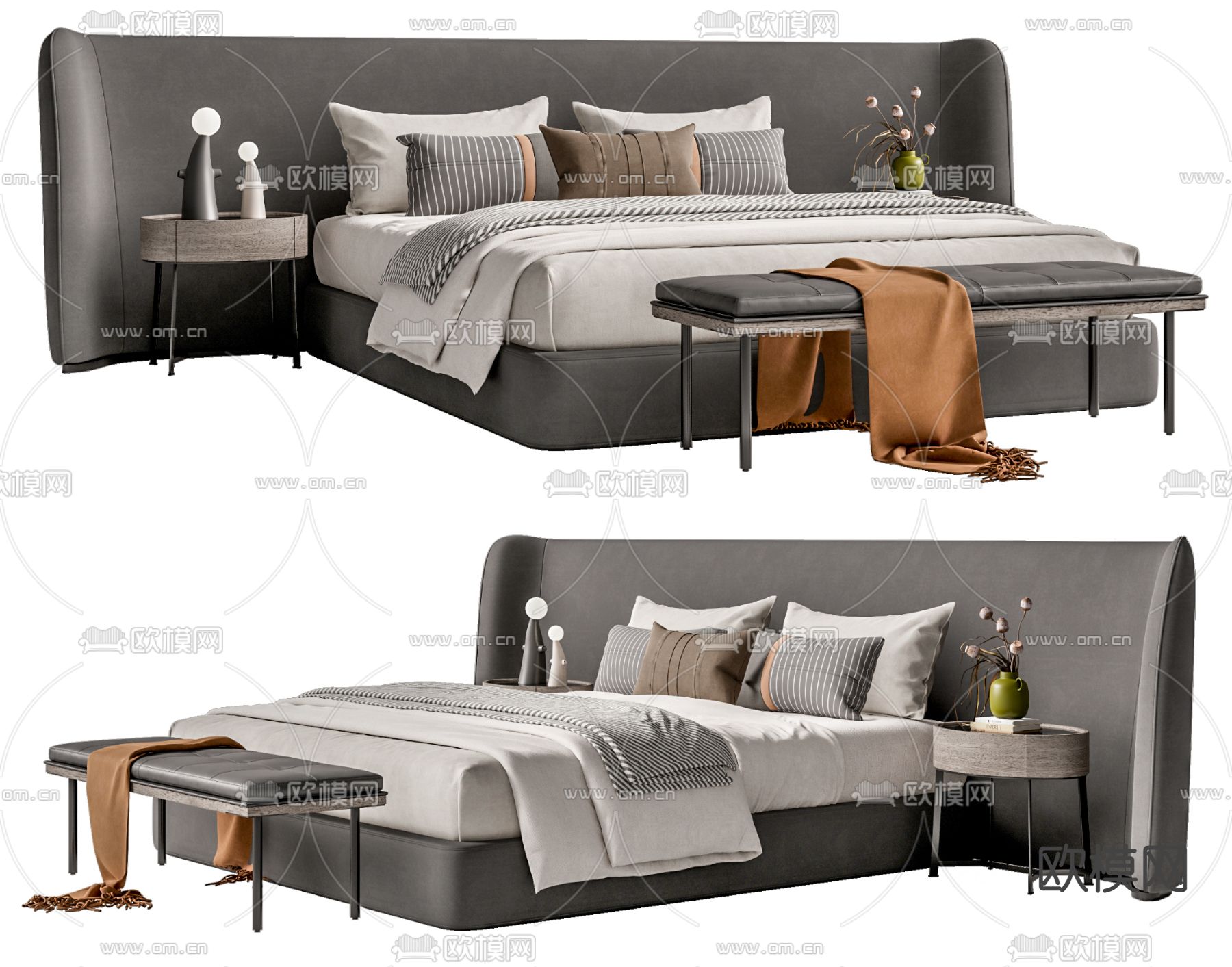 现代布艺双人床su模型下载（渲染图1）