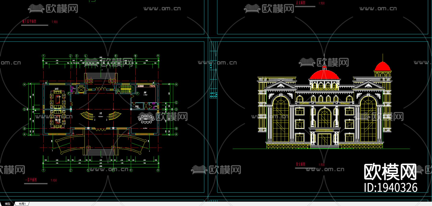 别墅cad平面布置图下载（渲染图1）