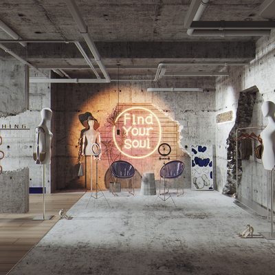  工业风女装服装店直播间su模型 