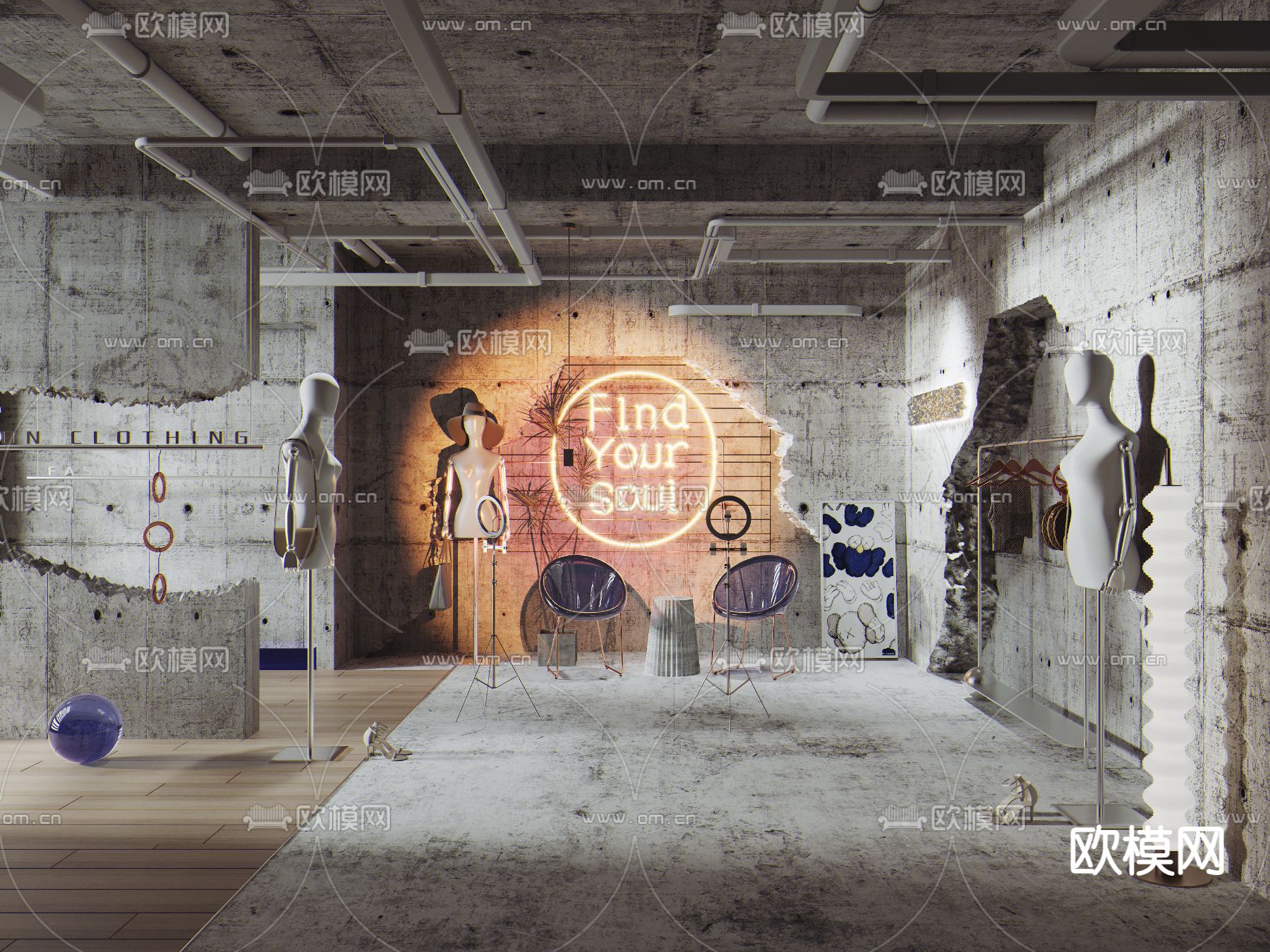 工业风服装店直播间3d模型下载（渲染图1）