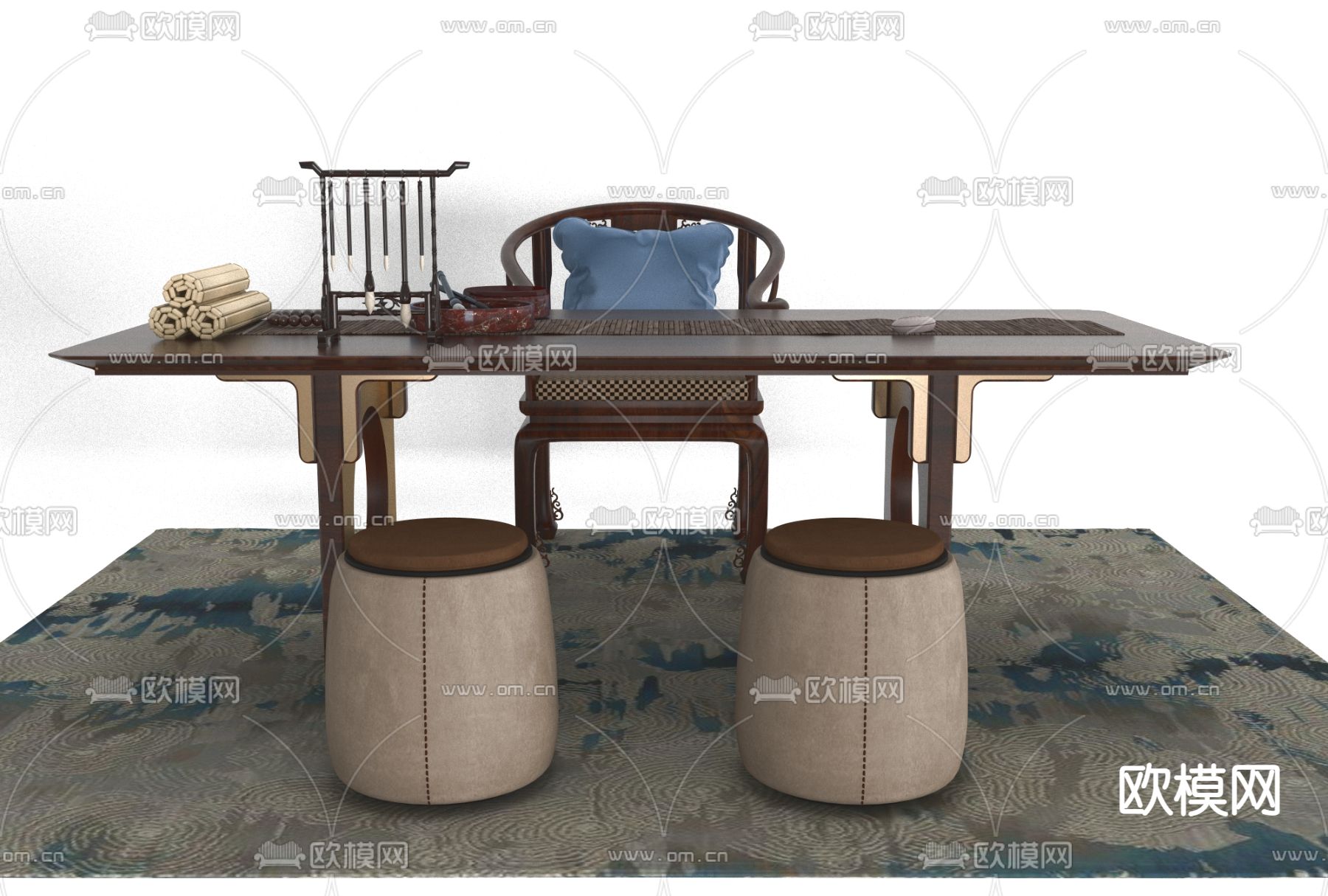 新中式实木书桌椅免费3d模型下载