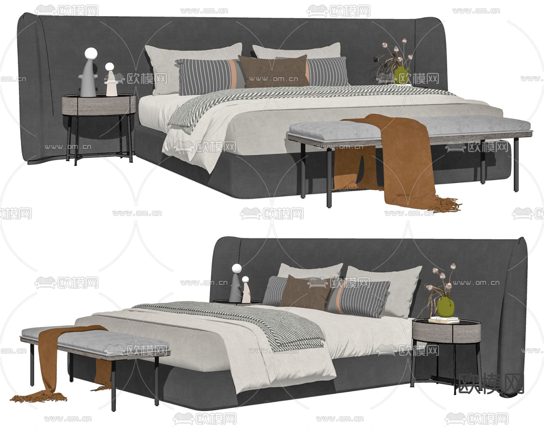 现代布艺双人床su模型下载（渲染图2）