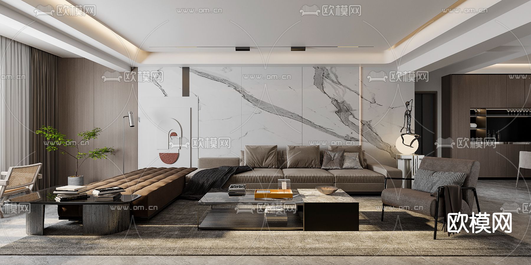 现代客厅免费3d模型下载（渲染图2）