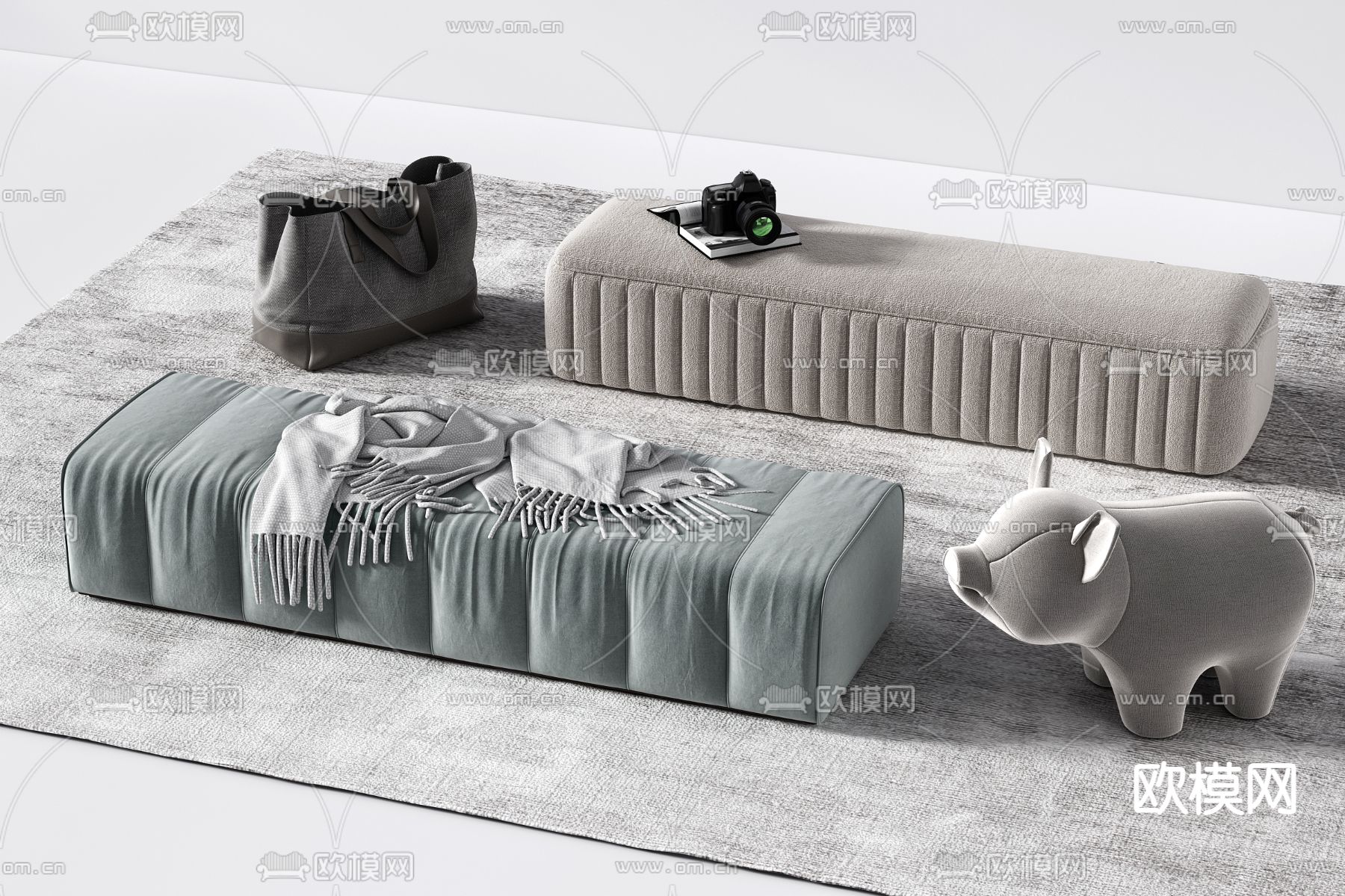 现代布艺床尾凳沙发凳3d模型下载