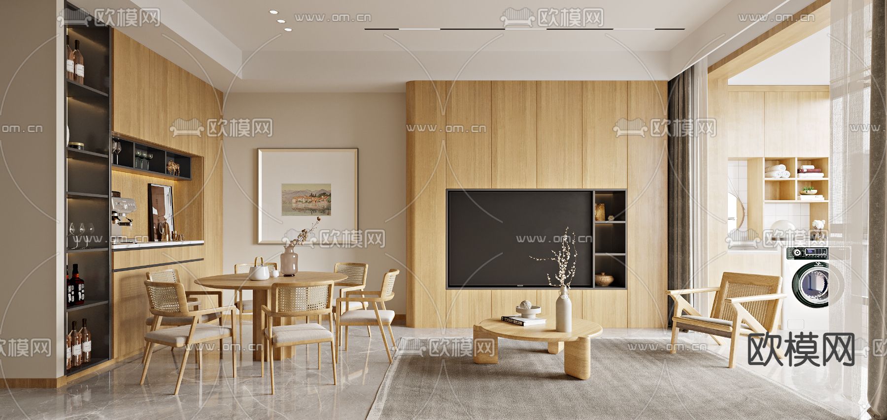 日式客厅餐厅3d模型下载（渲染图2）