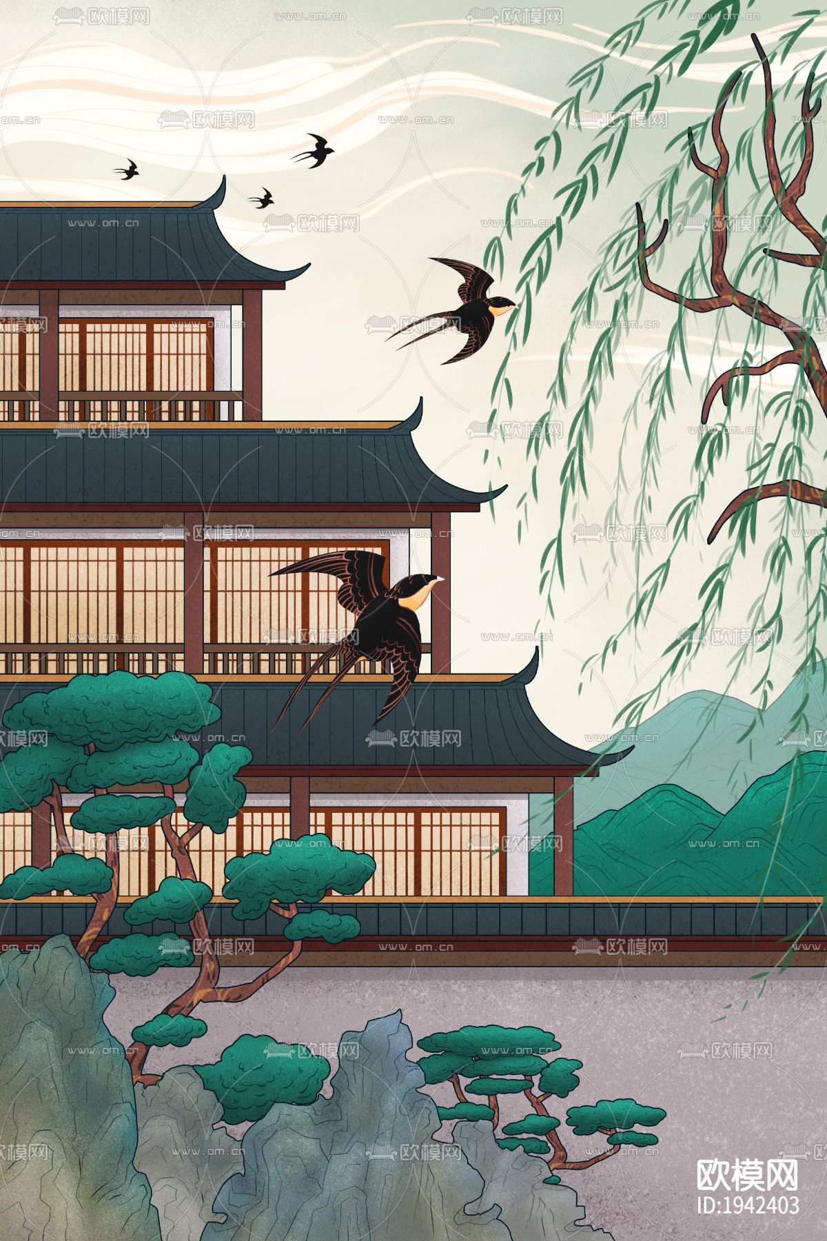 古风国潮城市地标建筑海报下载