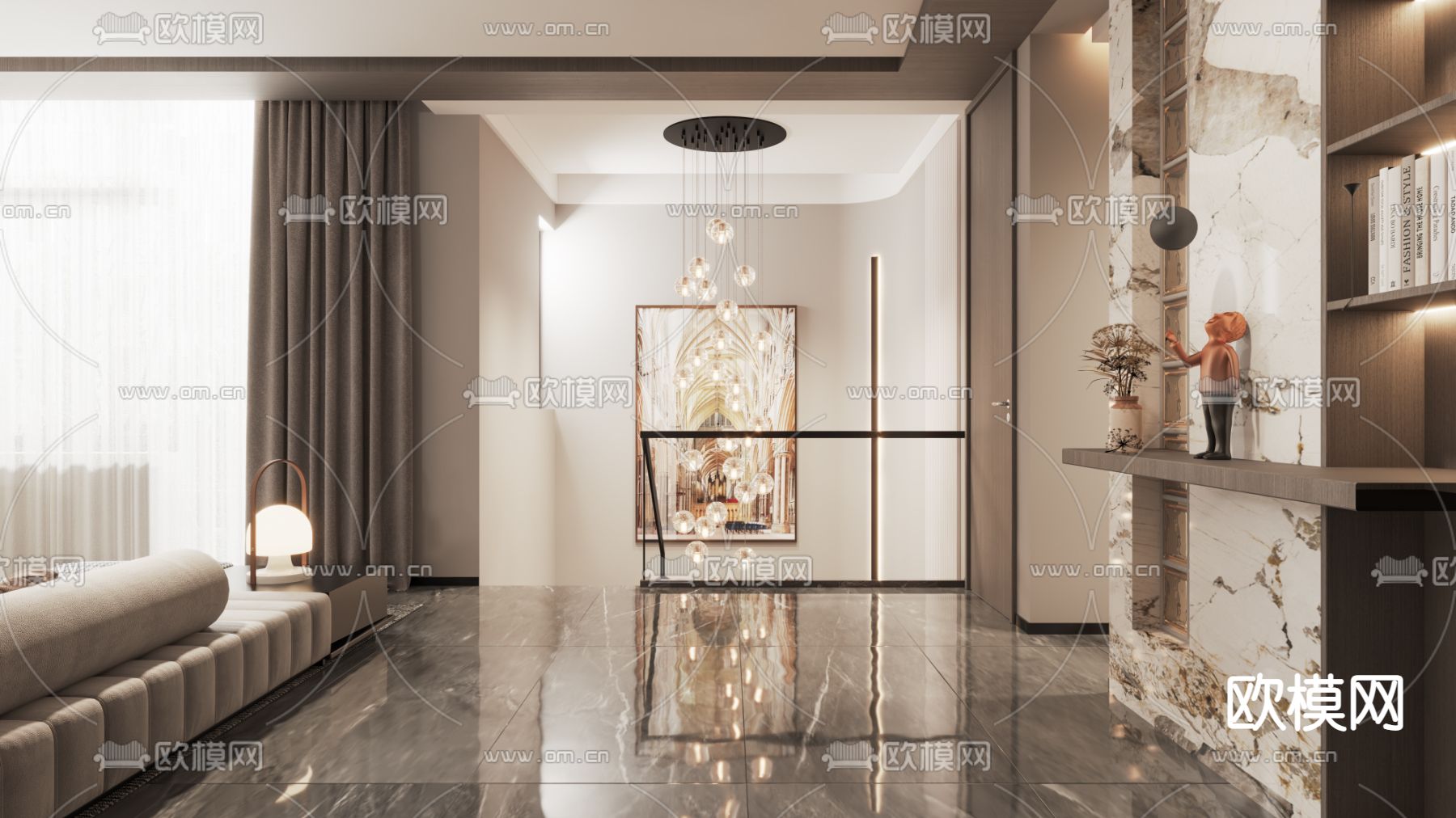 现代轻奢别墅客厅餐厅3d模型下载（渲染图5）