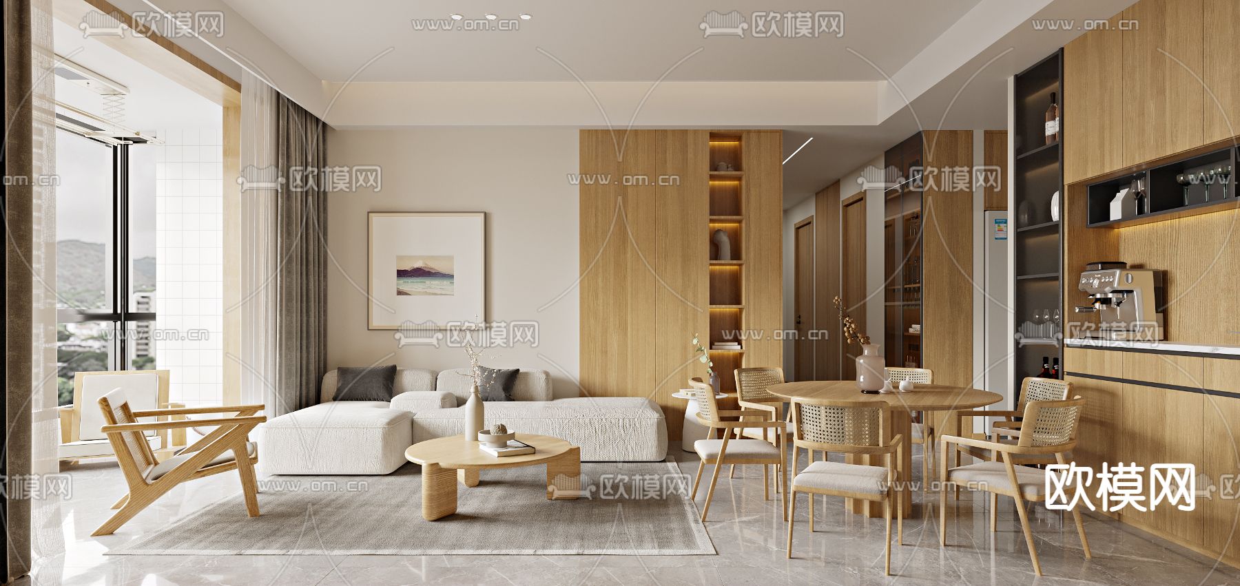 日式客厅餐厅3d模型下载（渲染图1）