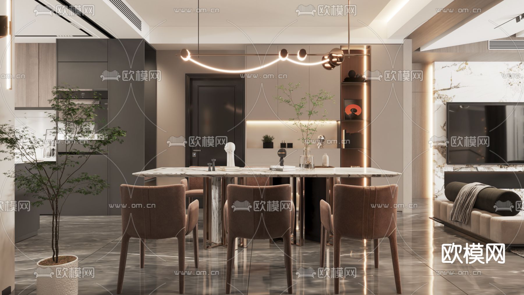 现代轻奢别墅客厅餐厅3d模型下载（渲染图4）