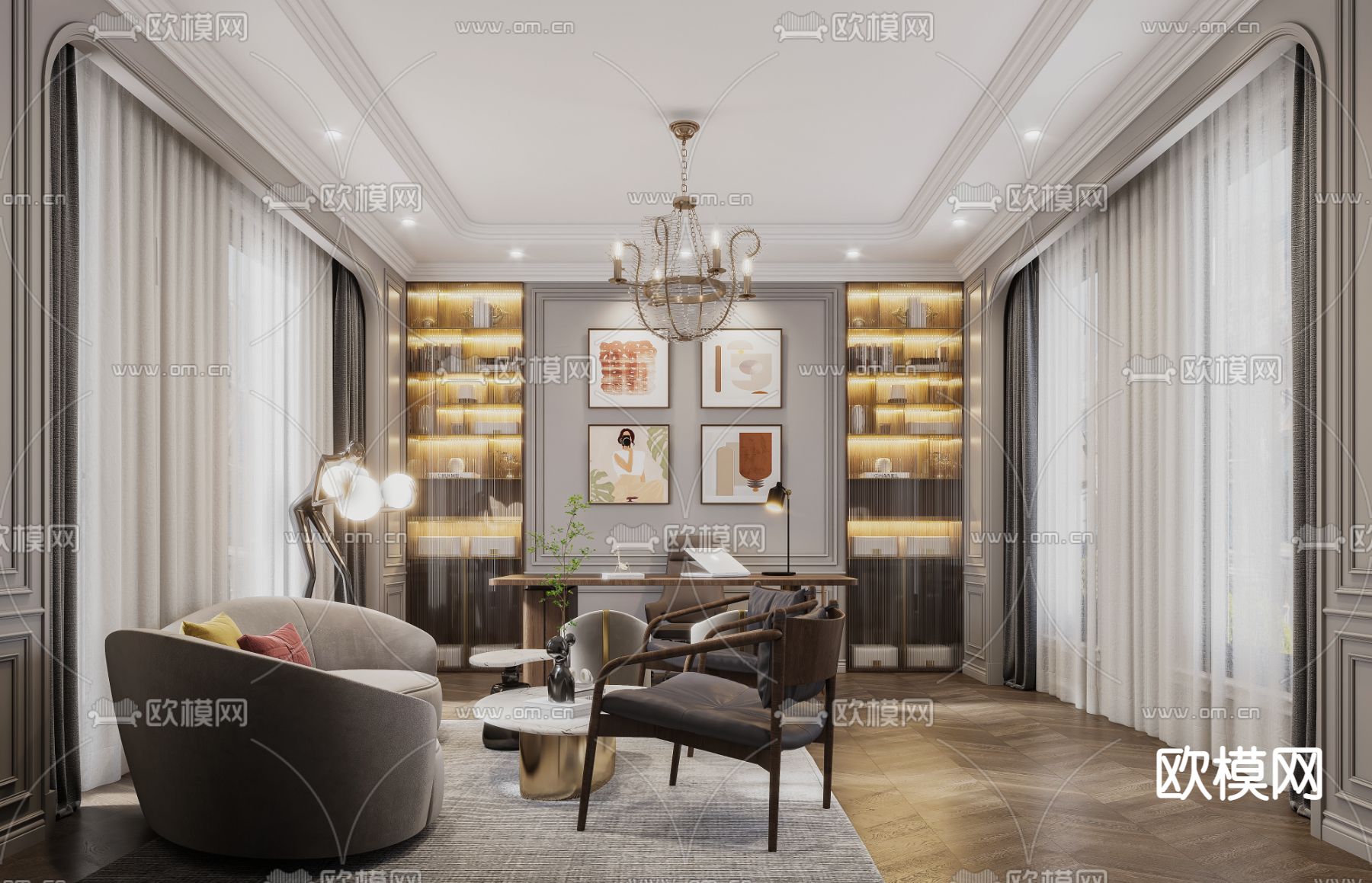 美式卧室书房3d模型下载（渲染图2）