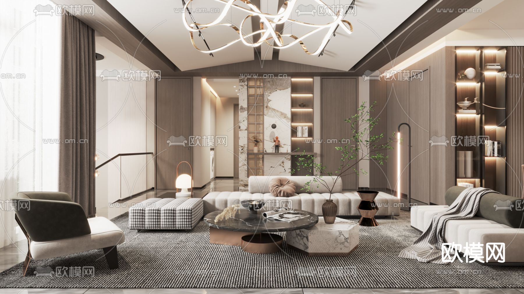 现代轻奢别墅客厅餐厅3d模型下载（渲染图1）