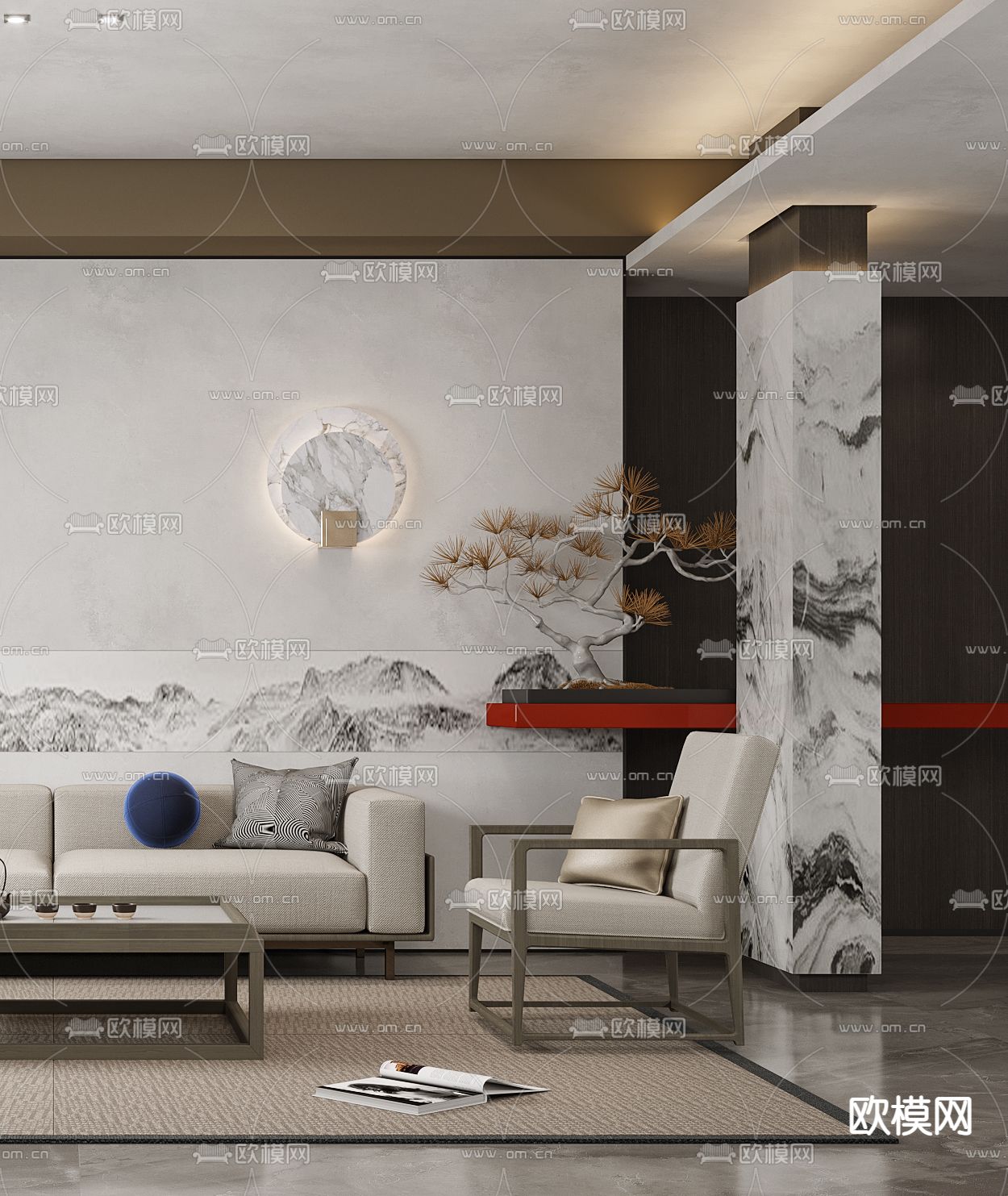 新中式布艺沙发组合3d模型下载（渲染图3）