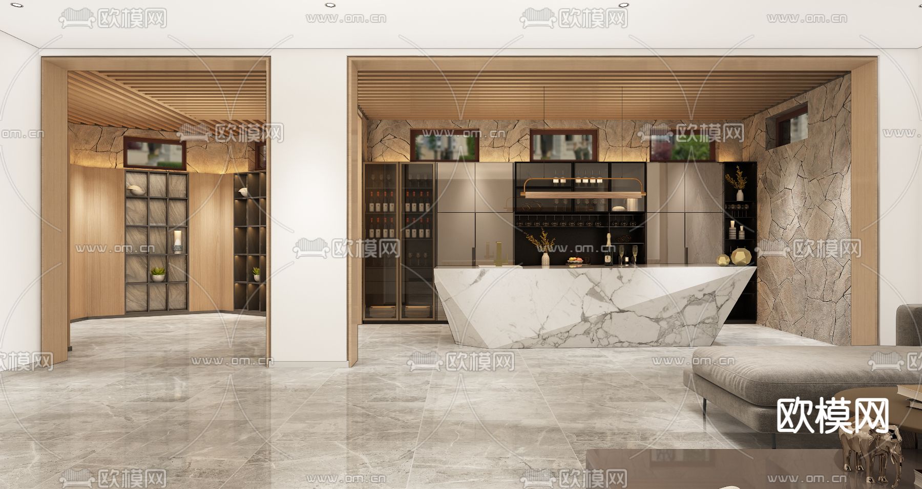 现代极简酒吧区免费3d模型下载（渲染图2）