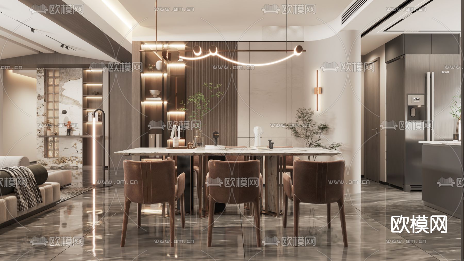 现代轻奢别墅客厅餐厅3d模型下载（渲染图2）