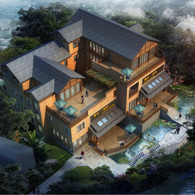  现代度假酒店鸟瞰su模型 