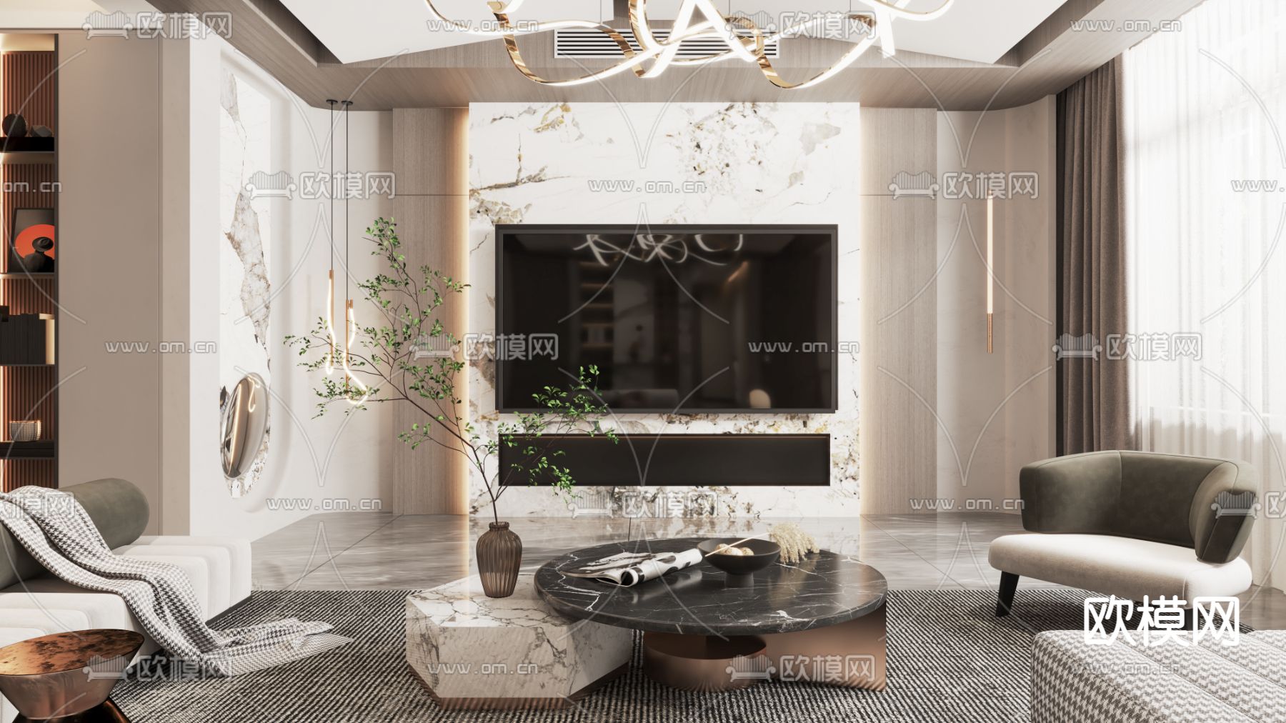 现代轻奢别墅客厅餐厅3d模型下载（渲染图3）