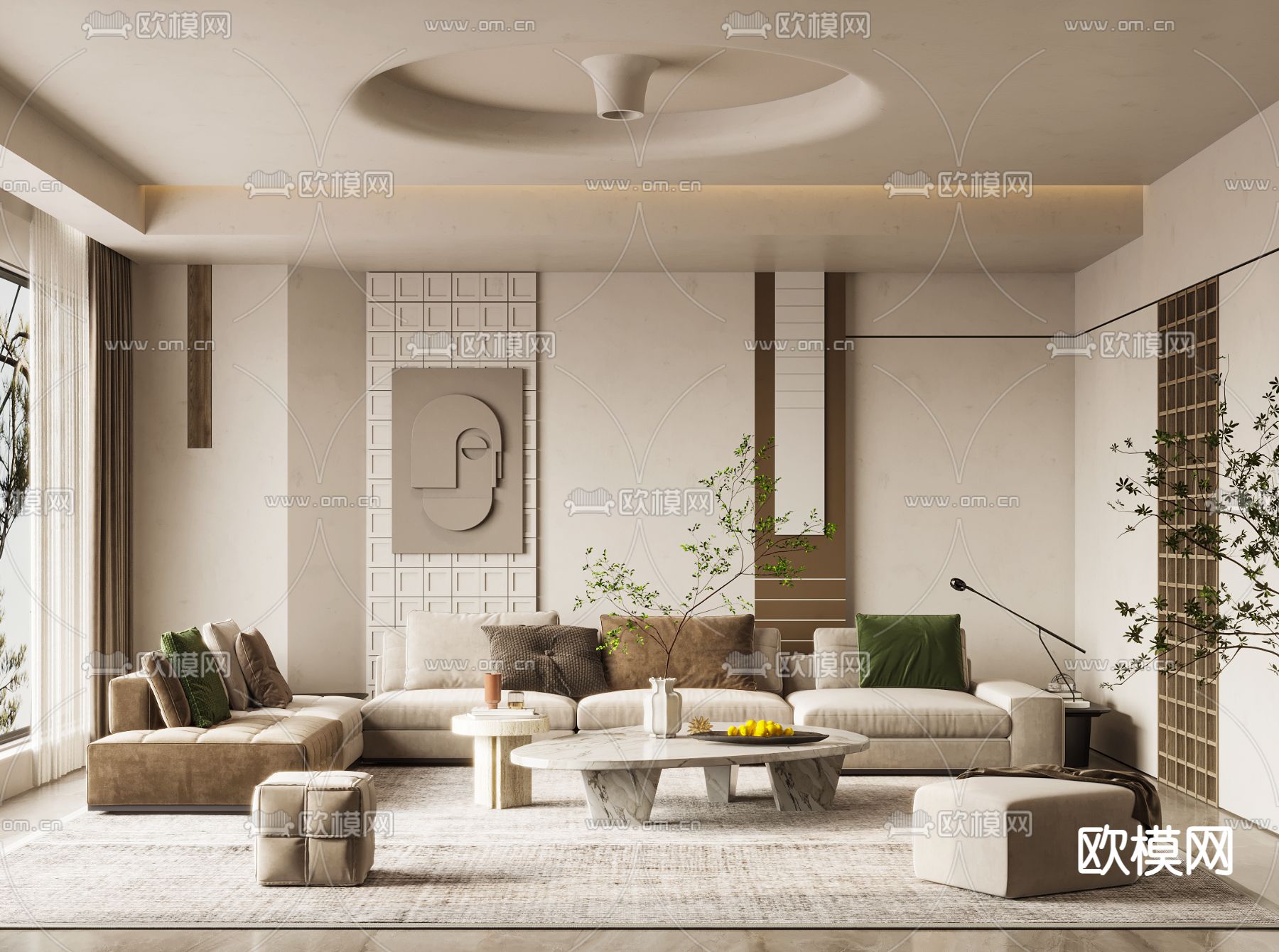 现代布艺转角沙发组合3d模型下载（渲染图2）