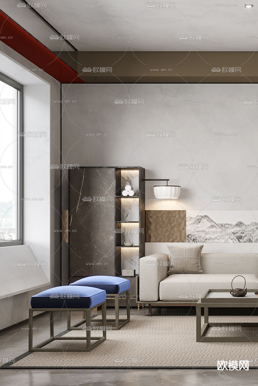 新中式布艺沙发组合3d模型下载（渲染图2）