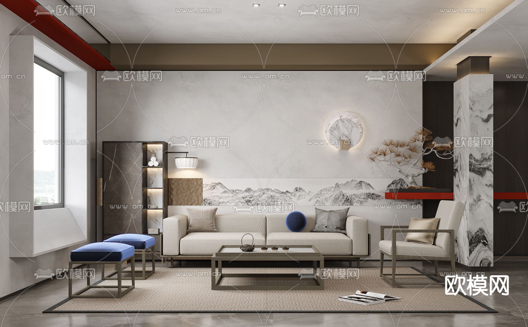 新中式布艺沙发组合3d模型下载（渲染图1）