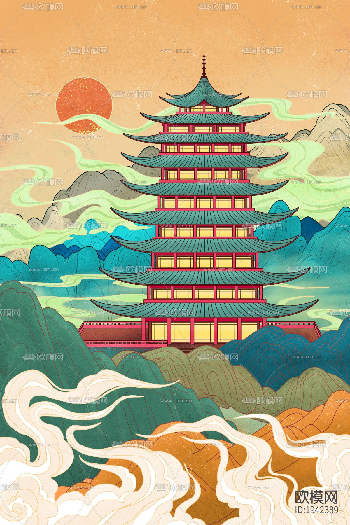 古风国潮城市地标建筑海报下载