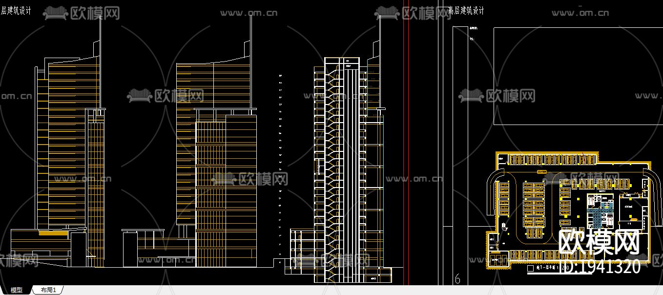 高层高层综合楼建筑CAD施工图下载（渲染图1）