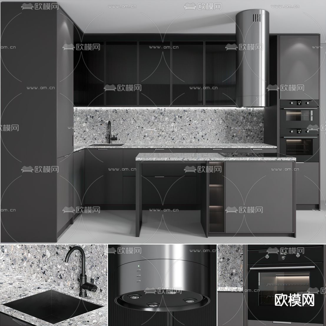 现代开放式厨房橱柜3d模型下载（渲染图1）