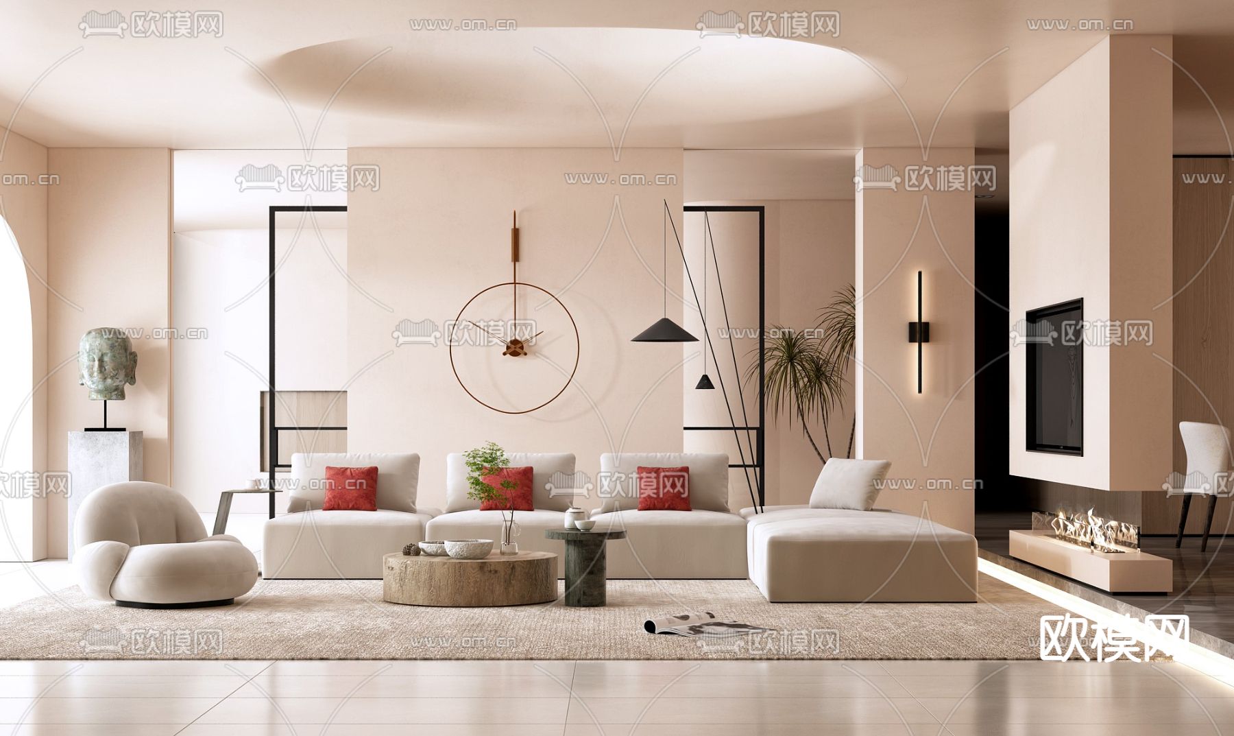 侘寂布艺转角沙发组合3d模型下载（渲染图1）