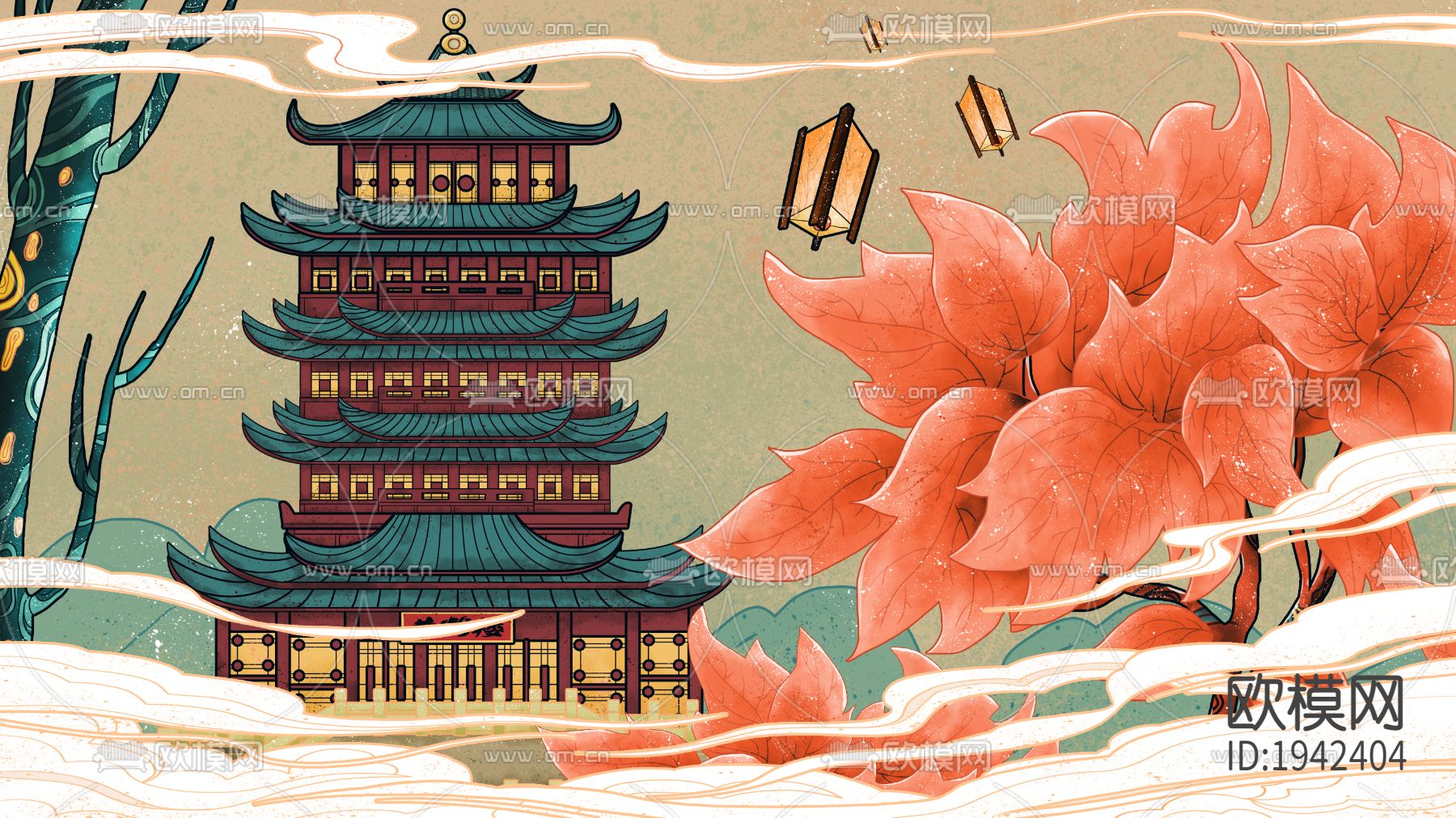 古风国潮城市地标建筑海报下载