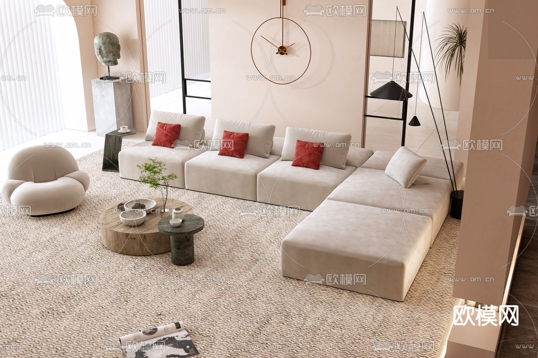 侘寂布艺转角沙发组合3d模型下载（渲染图2）