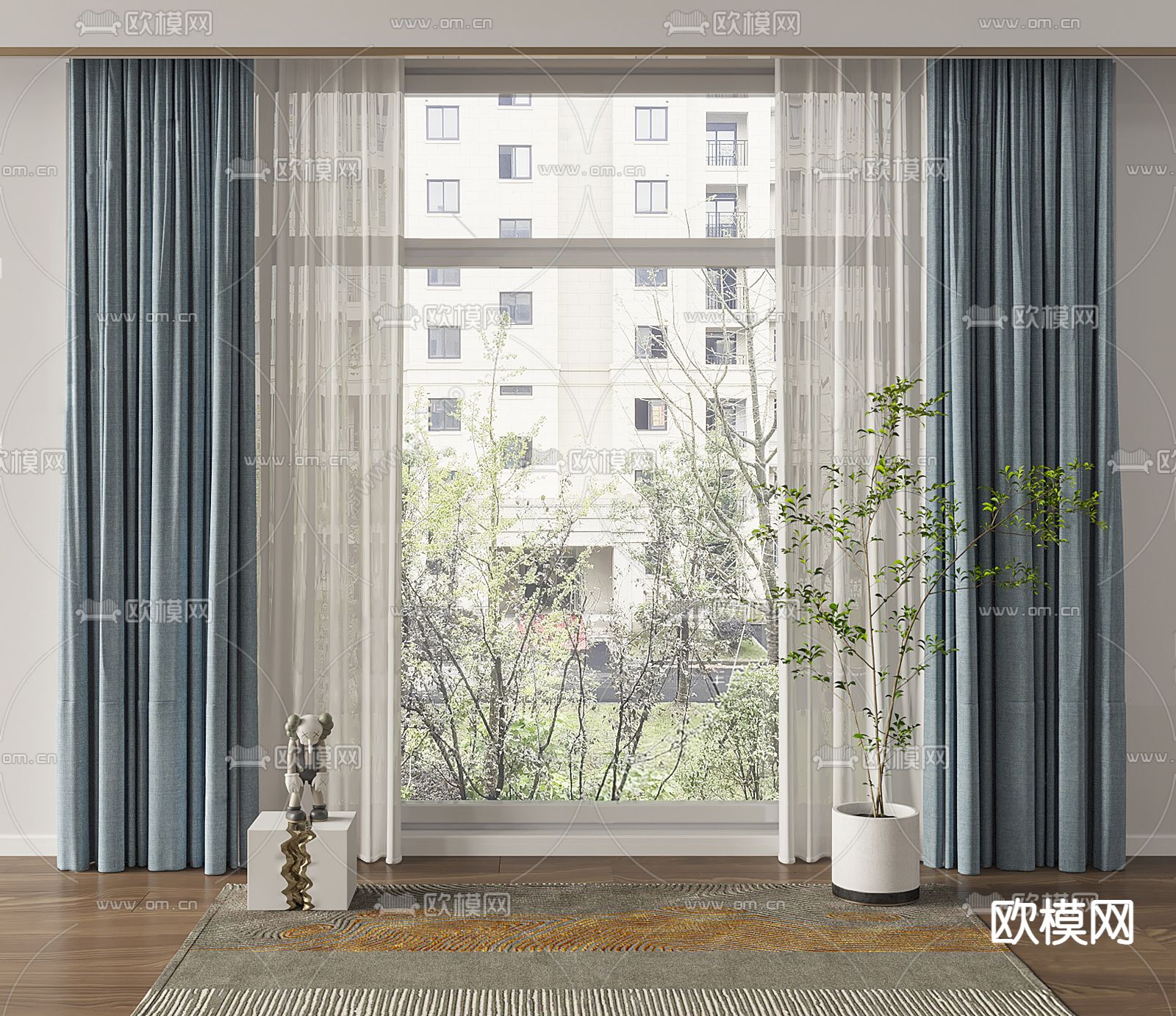 现代布艺窗帘su模型下载（渲染图1）