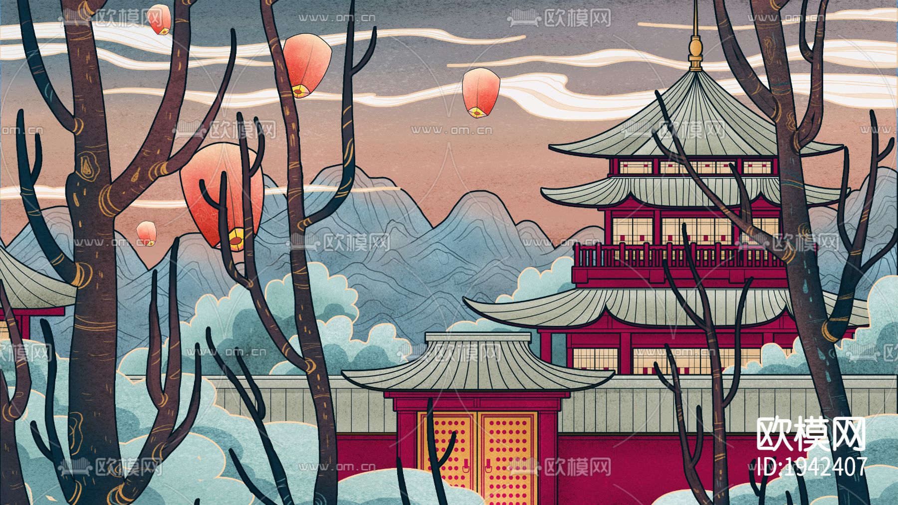 古风国潮城市地标建筑海报下载