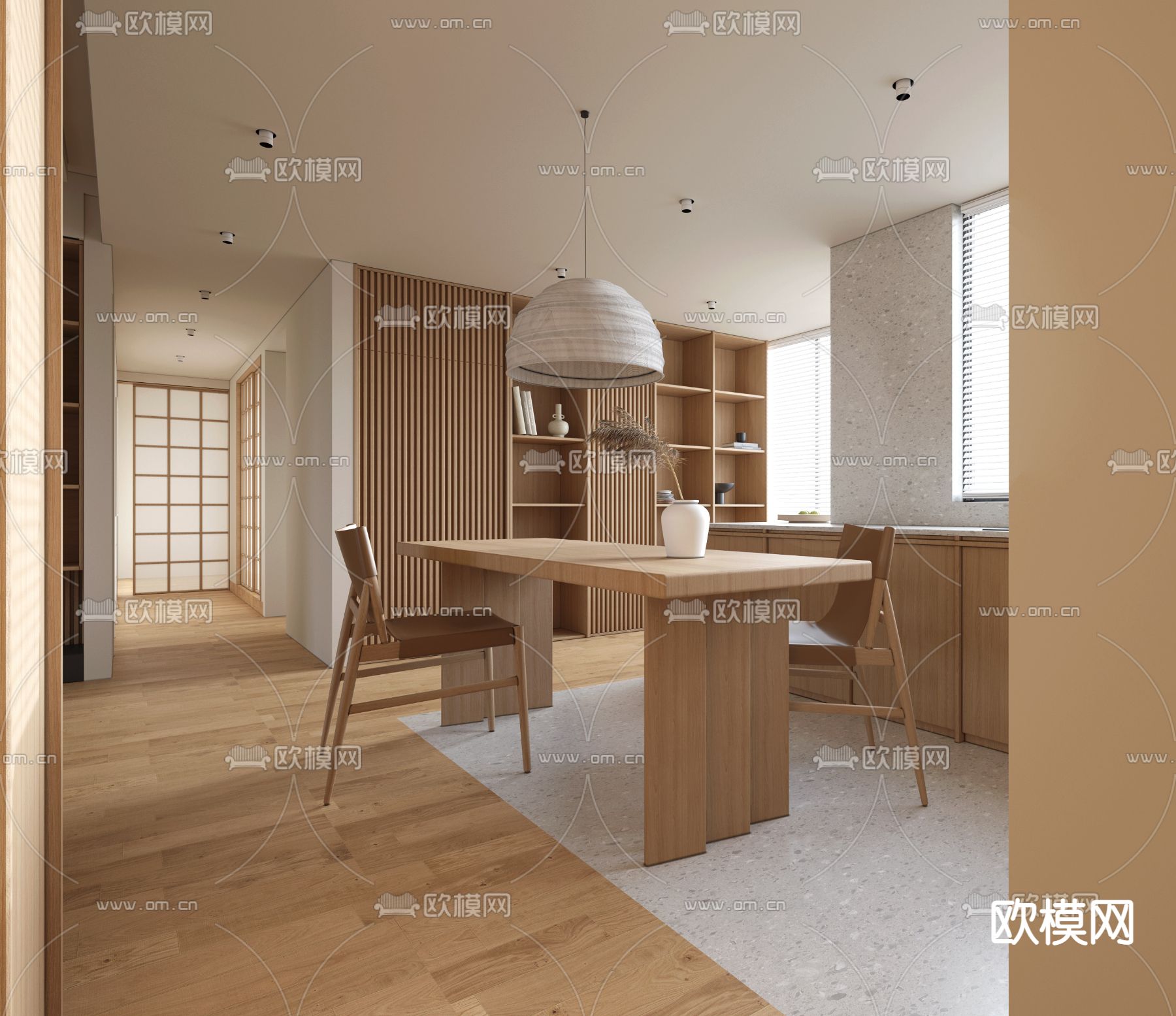 日式客厅餐厅3d模型下载（渲染图1）